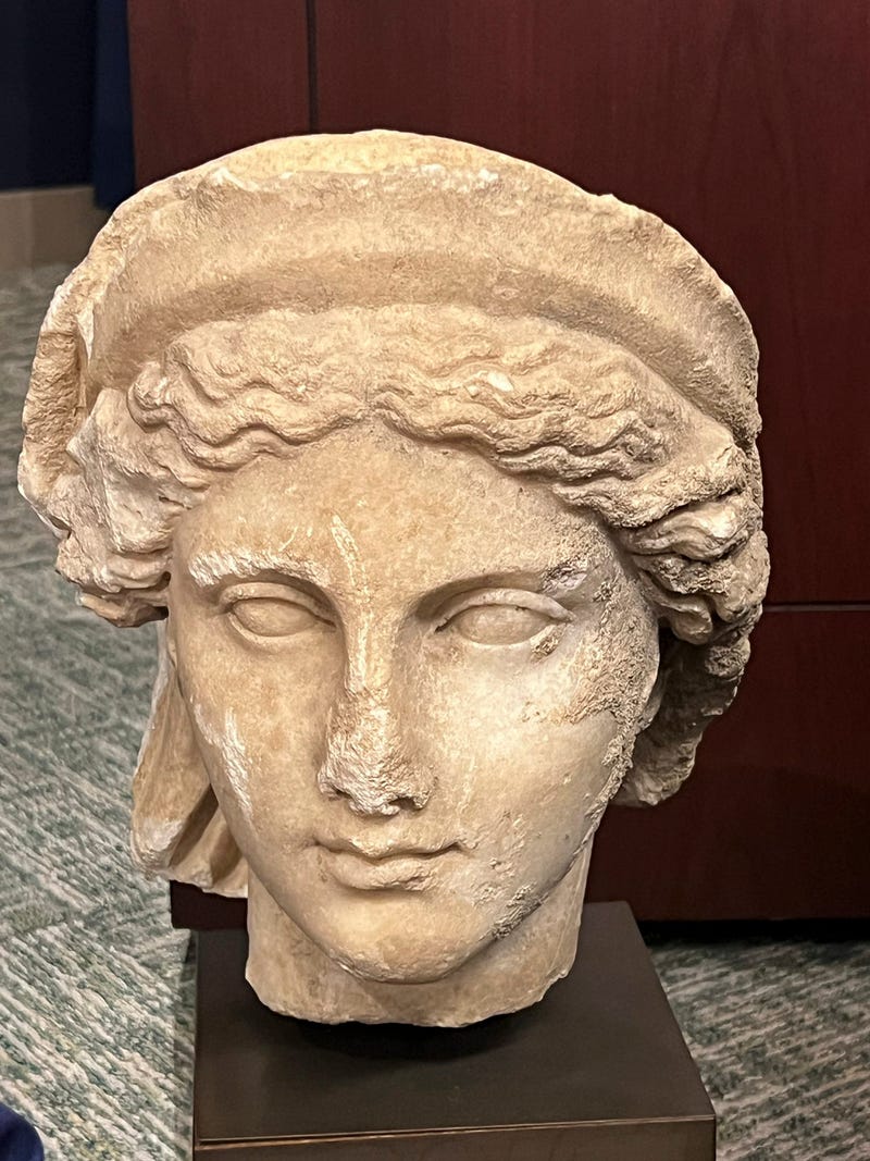 This bust of a woman's head was among the 266 artifacts brought back from New York to Italy.