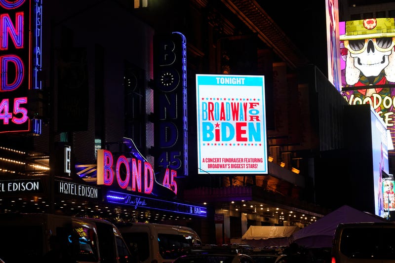 A marquee promoting a fundraiser with President Joe Biden is on display outside the Lunt-Fontanne Theatre in New York, Monday, Sept. 18, 2023