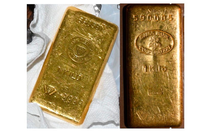 This image provided by the U.S. Attorney's office, Friday, Sept. 22, 2023, in New York, shows two of the gold bars found during a search by federal agents of Sen. Bob Menendez's home and safe deposit box. Menendez of New Jersey and his wife were indicted Friday on charges that they took bribes of cash, gold bars and a luxury car for a range of corrupt acts, including having the Democrat use his influence over foreign affairs to benefit the authoritarian government of Egypt. 