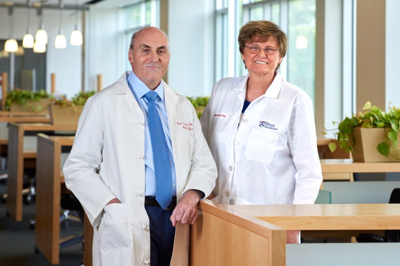 In this undated image provided by Penn Medicine, Katalin Karikó and Drew Weissman pose for a photo at the University of Pennsylvania in Philadelphia. Karikó and Weissman won the Nobel Prize in medicine on Monday, Oct. 2, 2023, for discoveries that enabled the creation of mRNA vaccines against COVID-19 and that could be used to develop other shots in the future.