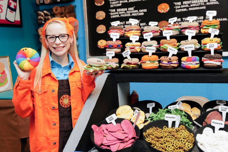 British artist Lucy Sparrow is pictured at her "Feltz Bagels" installation on Monday, Oct. 2, 2023, in New York