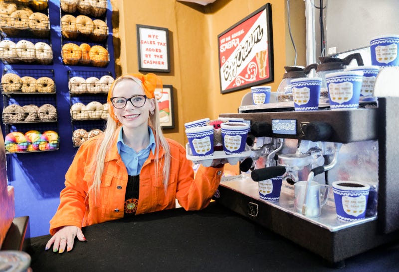British artist Lucy Sparrow is pictured at her "Feltz Bagels" installation on Monday, Oct. 2, 2023, in New York