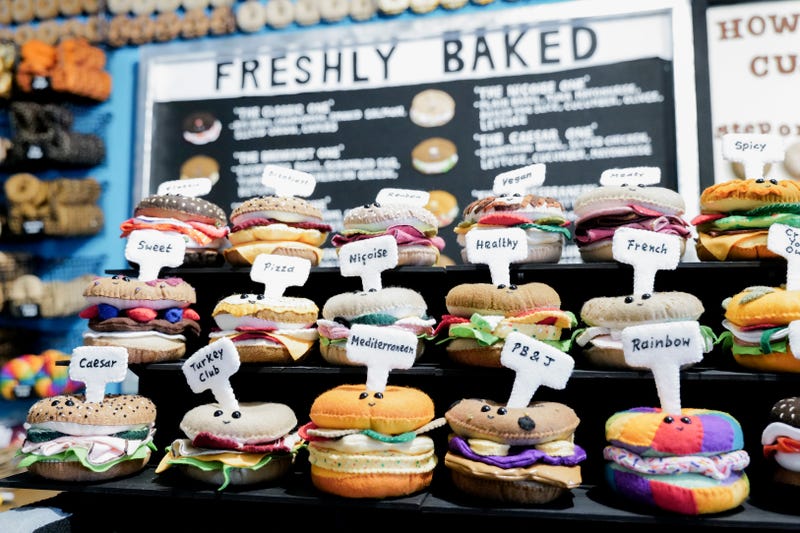 Felt bagels are pictured on display as part of the "Feltz Bagels" art installation created by British artist Lucy Sparrow Monday, Oct. 2, 2023, in New York