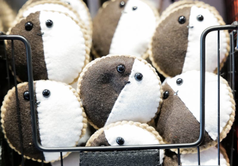 Felt black and white cookies are pictured on display as part of the "Feltz Bagels" art installation created by British artist Lucy Sparrow Monday, Oct. 2, 2023, in New York