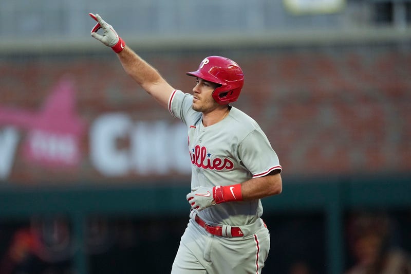 Philadelphia Phillies' J.T. Realmuto (10) runs the bases after his two-run homer in the third inning of Game 2 of a baseball NL Division Series against the Atlanta Braves, Monday, Oct. 9, 2023, in Atlanta. 