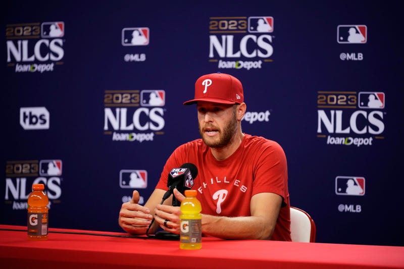 Philadelphia Phillies' Zack Wheeler speaks during a news conference before the baseball NL Championship Series against the Arizona Diamondbacks, Sunday, Oct. 15, 2023, in Philadelphia. The Phillies host Game 1 on Monday, Oct. 16. 