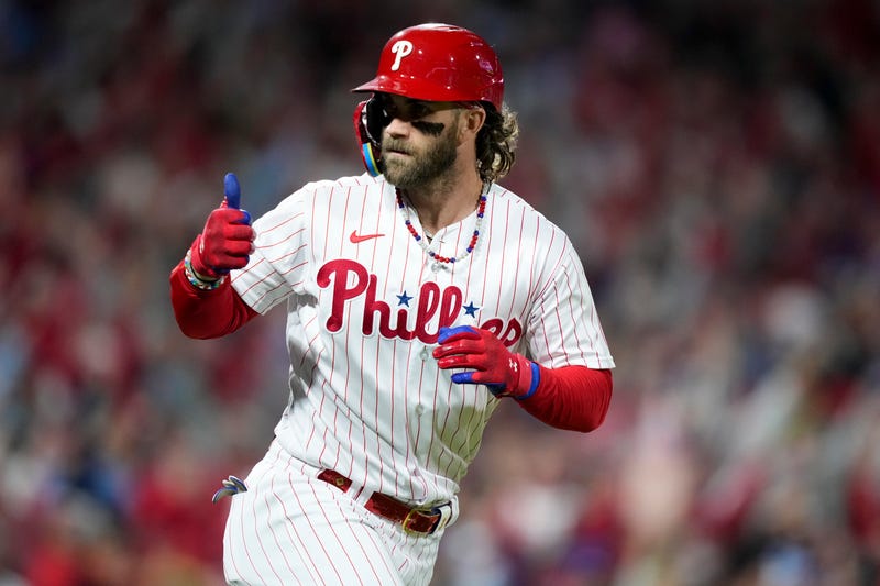 Philadelphia Phillies' Bryce Harper celebrates after a home run against the Arizona Diamondbacks during the =1- inning in Game 1 of the baseball NL Championship Series in Philadelphia, Monday, Oct. 16, 2023.
