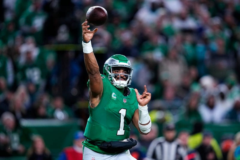 Philadelphia Eagles quarterback Jalen Hurts (1) throws during the second half of an NFL football game against the Miami Dolphins on Sunday, Oct. 22, 2023, in Philadelphia. 