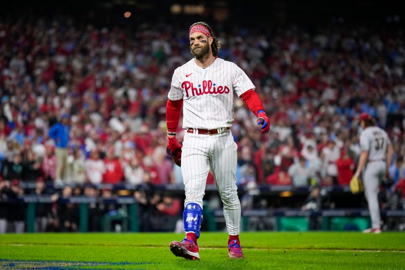 Philadelphia Phillies' Bryce Harper reacts after flying out against the Arizona Diamondbacks during the seventh inning in Game 7 of the baseball NL Championship Series in Philadelphia Wednesday, Oct. 25, 2023.