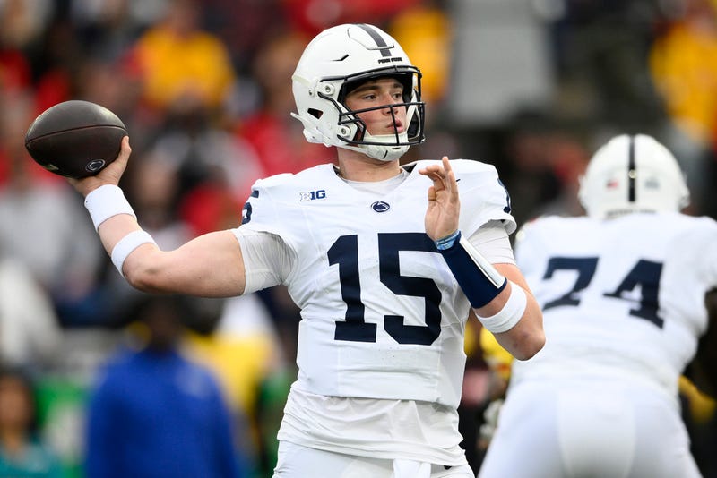 Penn State quarterback Drew Allar (15) looks to pass the ball during the first half of an NCAA college football game against Maryland, Saturday, Nov. 4, 2023, in College Park, Md.