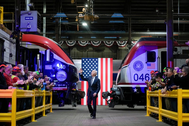President Joe Biden speaks at the Amtrak Bear Maintenance Facility, Monday, Nov. 6, 2023, in Bear, Del.