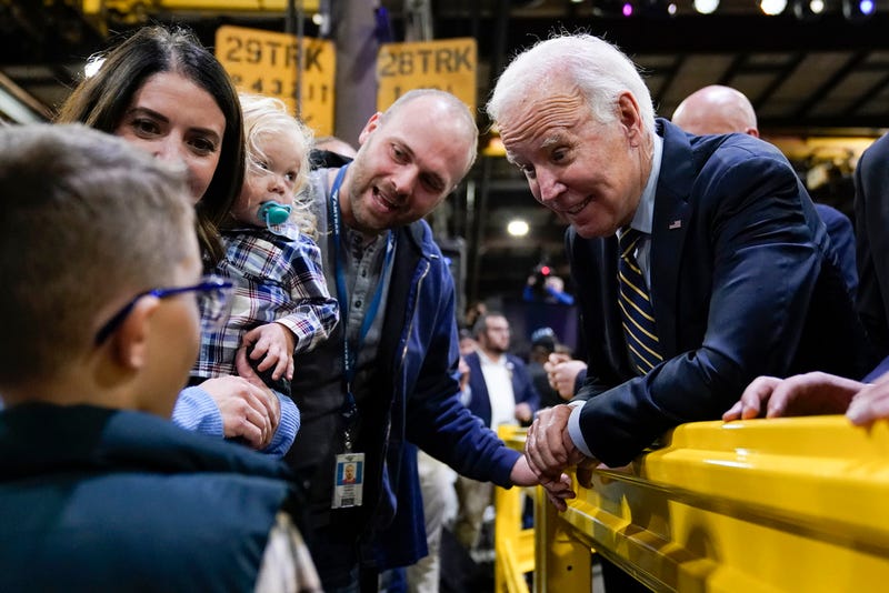 President Joe Biden greets audience members after speaking at the Amtrak Bear Maintenance Facility, Monday, Nov. 6, 2023, in Bear, Del.
