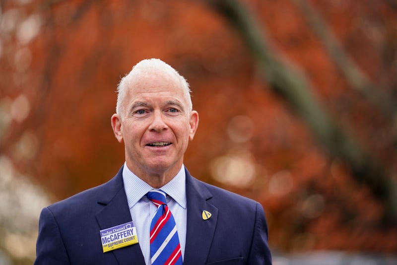 Daniel McCaffery, Democratic candidate for Pennsylvania Supreme Court judge, arrives at his polling place to vote in Philadelphia, Tuesday, Nov. 7, 2023. 
