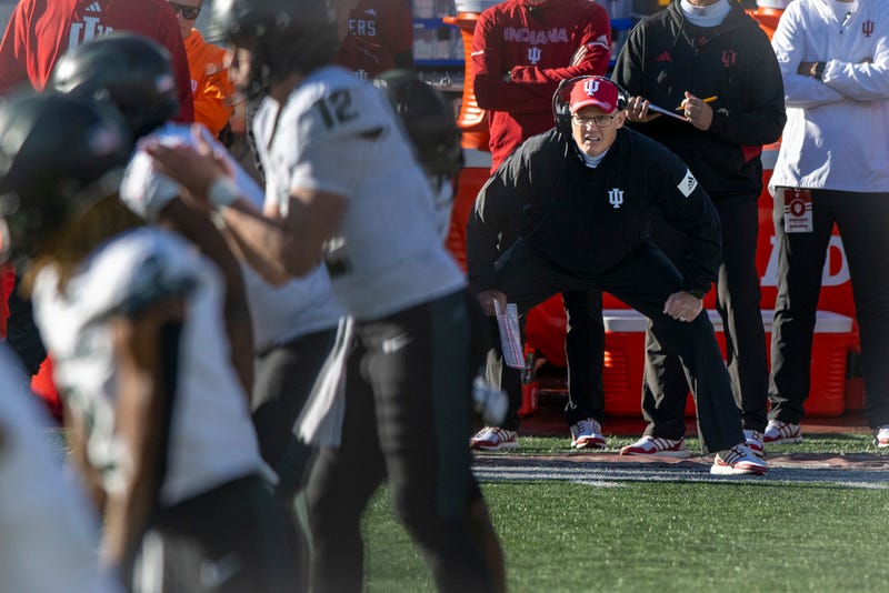 Indiana head coach Tom Allen studies the field during the second half of an NCAA college football game against Michigan State, Saturday, Nov. 18, 2023, in Bloomington, Ind. (AP Photo/Doug 