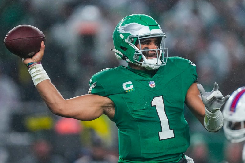 Philadelphia Eagles quarterback Jalen Hurts passes against the Buffalo Bills during the first half of an NFL football game Sunday, Nov. 26, 2023, in Philadelphia.