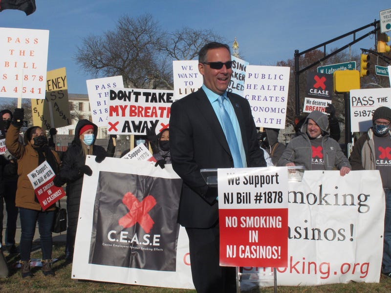New Jersey state Senator Vince Polistina with Atlantic City casino workers protesting near the state capitol in Trenton New Jersey.