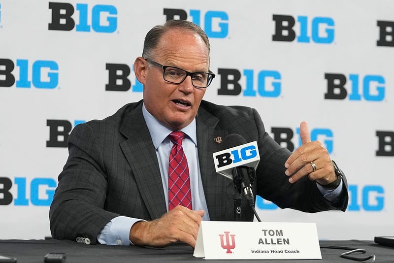 FILE - Indiana head coach Tom Allen speaks during an NCAA college football news conference at the Big Ten Conference media days at Lucas Oil Stadium, Thursday, July 27, 2023, in Indianapolis. Penn State has hired former Indiana coach Tom Allen as defensive coordinator. Nittany Lions coach James Franklin announced the hiring on Tuesday, Dec. 19, 2023, to replace Manny Diaz, who left to take over the Duke program.