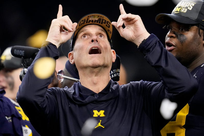 Michigan head coach Jim Harbaugh celebrates after their win against Washington in the national championship NCAA College Football Playoff game Monday, Jan. 8, 2024, in Houston.