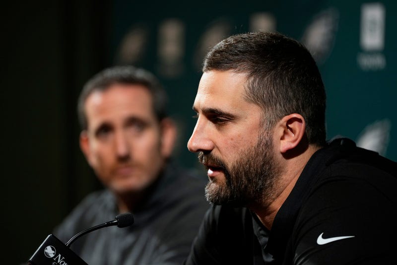 Philadelphia Eagles' Nick Sirianni, right, speaks during a news conference with Howie Roseman at the NFL teams' practice facility, Wednesday, Jan. 24, 2024, in Philadelphia. 