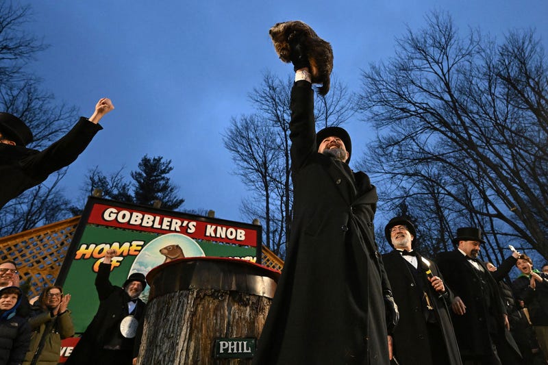 Groundhog Club handler A.J. Dereume holds Punxsutawney Phil, the weather prognosticating groundhog, during the 138th celebration of Groundhog Day on Gobbler's Knob in Punxsutawney, Pa., Friday, Feb. 2, 2024