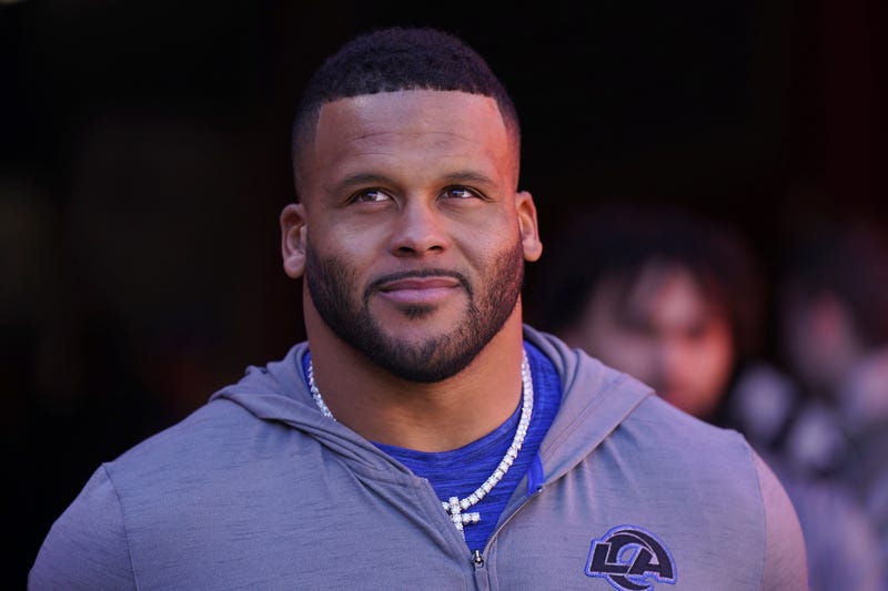 FILE - Los Angeles Rams defensive tackle Aaron Donald walks out of a tunnel before an NFL football game against the San Francisco 49ers in Santa Clara, Calif., Sunday, Jan. 7, 2024. Defensive lineman Aaron Donald has announced his retirement after a standout 10-year career with the Los Angeles Rams. The three-time AP NFL Defensive Player of the Year made his surprising announcement on social media Friday, March 15, 2024.