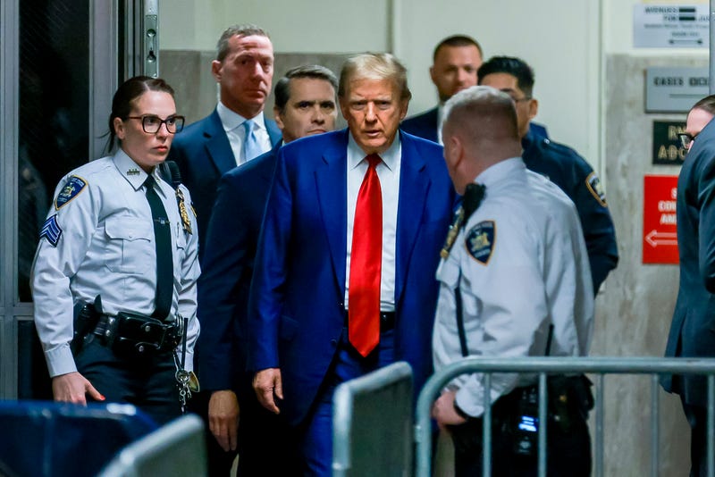 Former President Donald Trump arrives for the start of a hearing at New York Criminal Court in New York, Monday, March 25, 2024