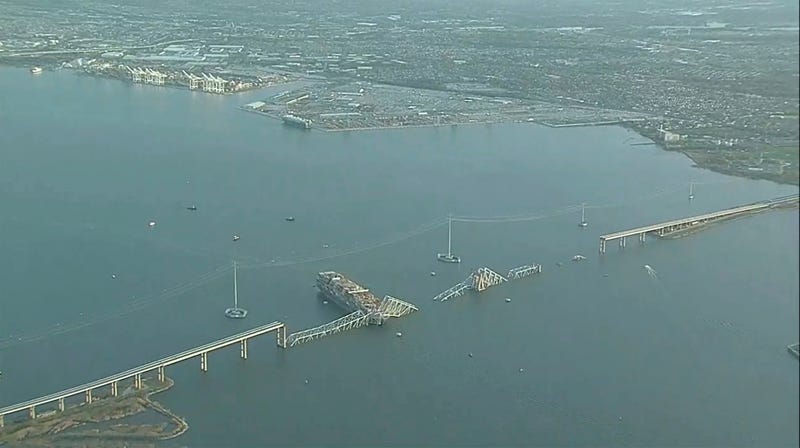 Parts of the Francis Scott Key Bridge remain after a container ship collided with a support Tuesday, March 26, 2024 in Baltimore. The major bridge in Baltimore snapped and collapsed after a container ship rammed into it early Tuesday, and several vehicles fell into the river below. Rescuers were searching for multiple people in the water. 