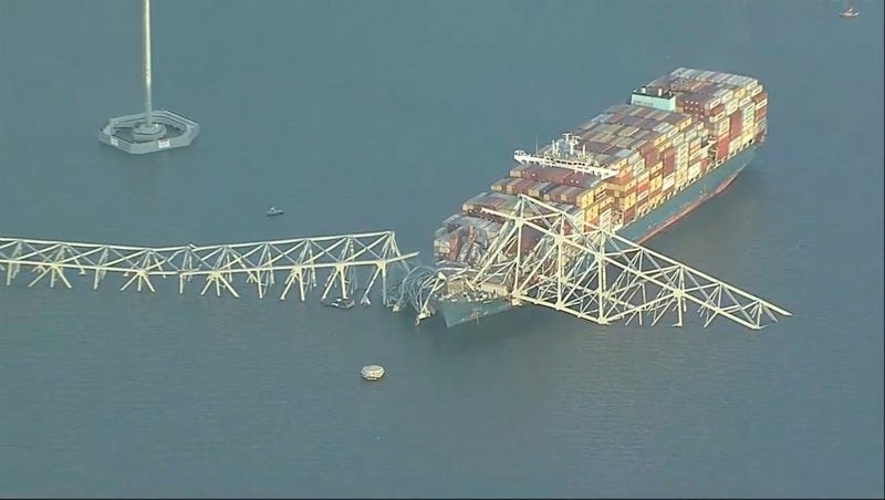 Parts of the Francis Scott Key Bridge remain after a container ship collided with one of the bridge’s supports on Tuesday, March 26, 2024, in Baltimore. The major bridge in Baltimore snapped and collapsed after a container ship rammed into it early Tuesday, and several vehicles fell into the river below. Rescuers were searching for multiple people in the water. 