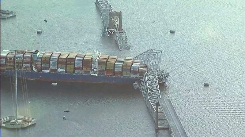 Parts of the Francis Scott Key Bridge remain after a container ship collided with one of the bridge’s supports on Tuesday, March 26, 2024, in Baltimore. The major bridge in Baltimore snapped and collapsed after a container ship rammed into it early Tuesday, and several vehicles fell into the river below. Rescuers were searching for multiple people in the water. 