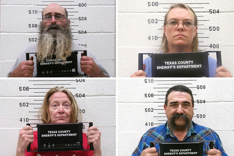 This combination of booking photo provided by the Oklahoma State Bureau of Investigation shows Tad Bert Cullum, top left, Cora Twombly, top right, Tifany Machel Adams, bottom left, and Cole Earl Twombly, bottom right.