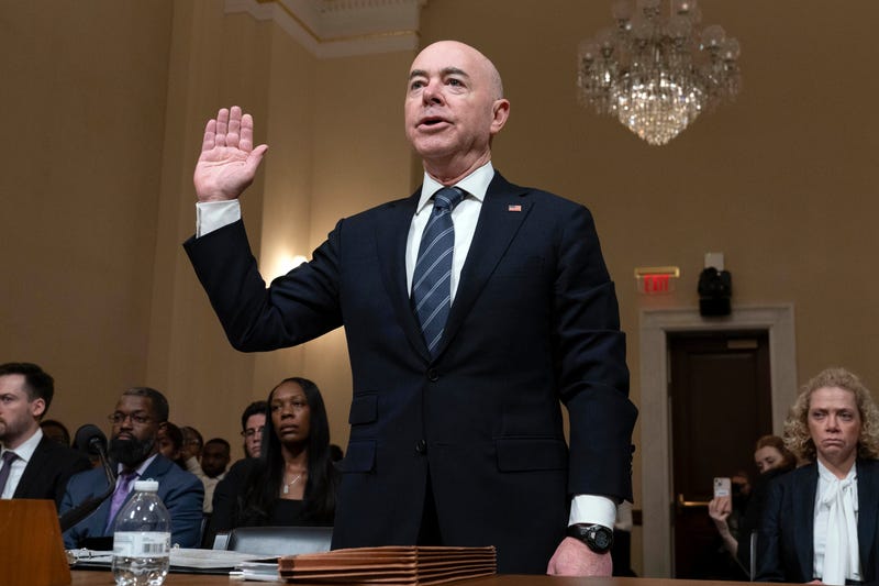 Homeland Security Secretary Alejandro Mayorkas is sworn-in before the House Committee on Homeland Security during a hearing on "A Review of the Fiscal Year 2025 Budget Request for the Department of Homeland Security" on Capitol Hill in Washington, Tuesday, April 16, 2024.