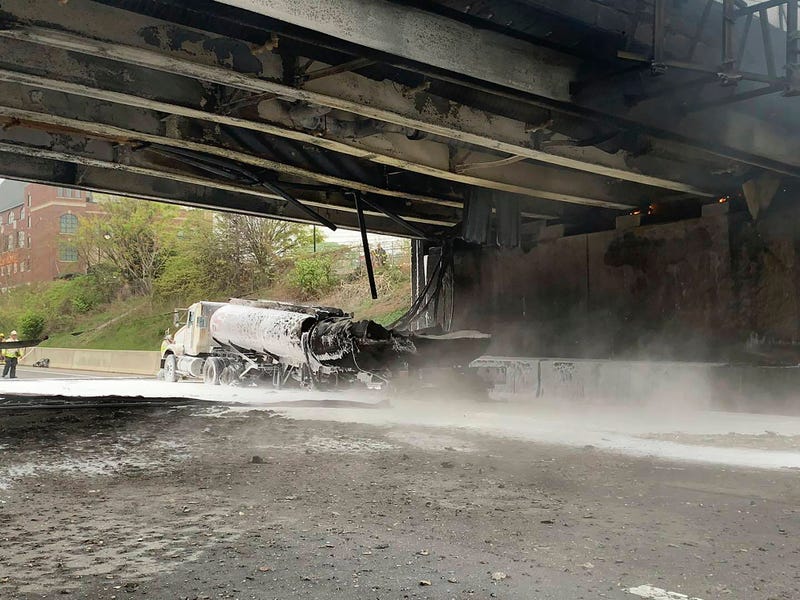This image provided by the Norwalk Police Department shows the scene of a tanker fire on I-95 in Norwalk, Conn., Thursday, May 2, 2024