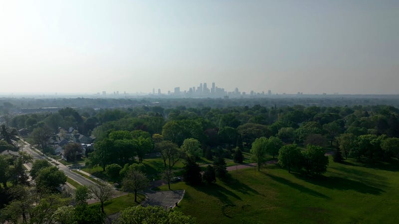 Wildfire smoke hangs over the Minneapolis skyline on Monday, May 13, 2024. Winds pushed a band of heavy smoke south from fires burning in British Columbia, Canada, prompting officials in Minnesota to issue an air quality alert. 
