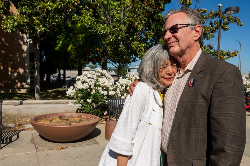 Marc Klaas, father of Polly Klaas, right, hugs his wife Violet outside Santa Clara County Superior Court in San Jose, Calif., Friday, May 31, 2024. A judge declined to recall the capital sentence against Richard Allen Davis, who in 1993 kidnapped and killed 12-year-old Polly Klaas.