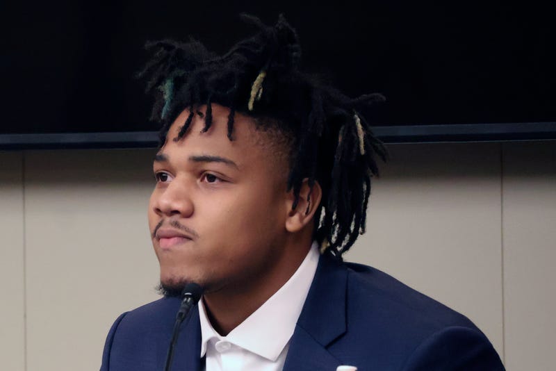 University of Illinois basketball standout Terrence Shannon Jr. testifies during his trial Thursday June 13, 2024, in Lawrence, Kan. Shannon, of Champaign, Ill., is accused of committing sexual assault on Sept. 9, 2023, in Lawrence, Kan.