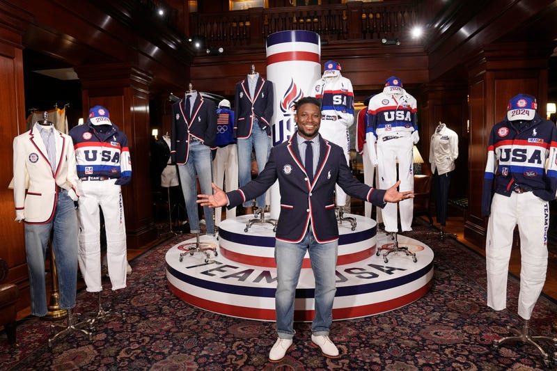 Olympic athlete in fencing, Daryl Homer, models the Team USA Paris Olympics opening ceremony uniform at Ralph Lauren headquarters on Monday, June 17, 2024, in New York.
