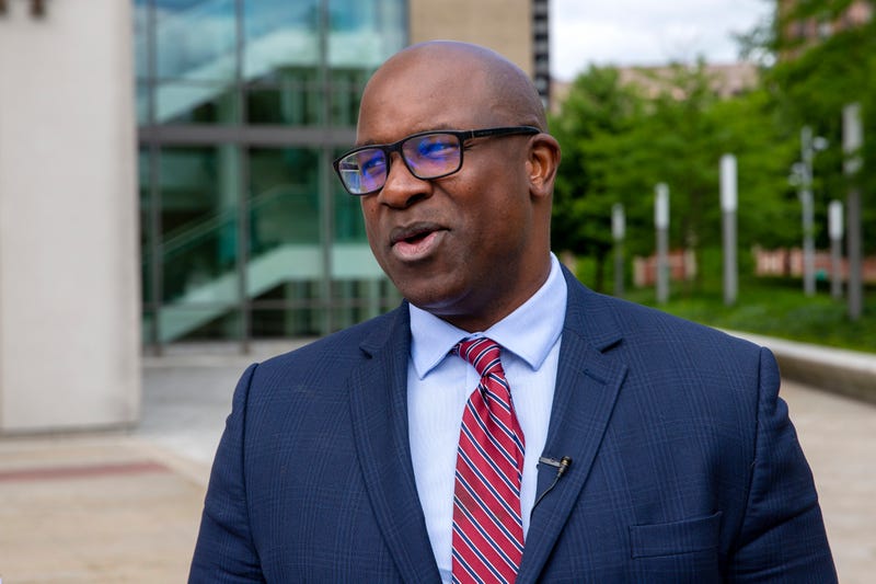 Rep. Jamaal Bowman, D-N.Y., talks at a campaign stop in White Plains, N.Y., on June 11, 2024. Bowman faces Westchester County Executive George Latimer in Tuesday's primary election.
