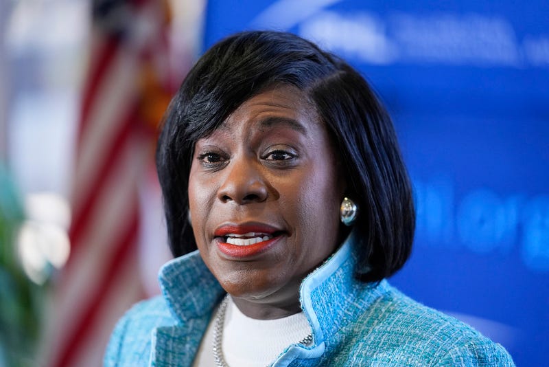 FILE - Philadelphia Mayor Cherelle Parker speaks at at Philadelphia International Airport, Feb. 16, 2024, in Philadelphia. A union that represents thousands of Philadelphia city employees has asked a judge to block Parker's mandate that they must return to working full-time in their offices as of Monday, July 15, 2024.