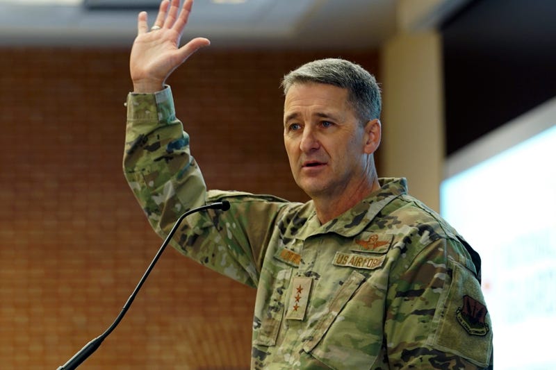 This image provided by U.S. Air National Guard shows Lt. Gen. Steven S. Nordhaus speaking to attendees during the Ohio National Guard Joint Senior Leader Conference in Lewis Center, Ohio, Feb. 2, 2024. 