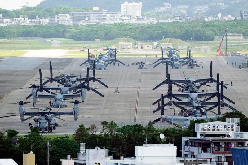 FILE - U.S. MV-22B Osprey transport aircraft are parked at the U.S. Marine Corps Air Station Futenma in Ginowan, south of Okinawa, southern Japan, Wednesday, Sept. 6, 2023. (AP Photo/Hiro Komae, File