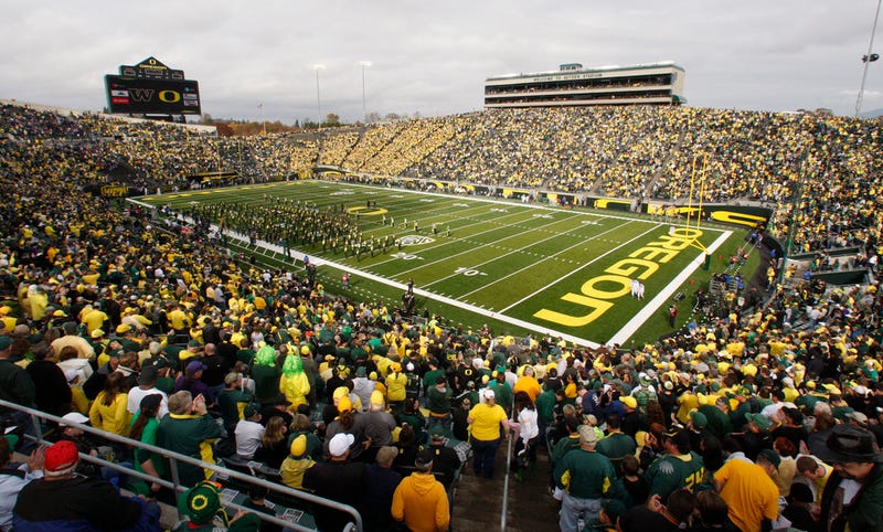 Oregon's Autzen Stadium is viewed during the first quarter of an NCAA college football game against Washington, Nov. 6, 2010, in Eugene, Ore.