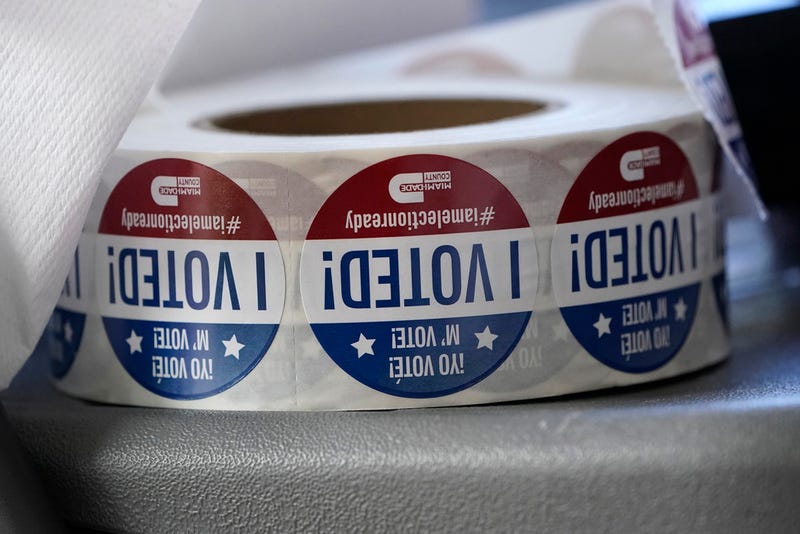 A roll of "I Voted!" stickers are shown, Oct. 6, 2020, at the Miami-Dade County Elections Department in Doral, Fla.