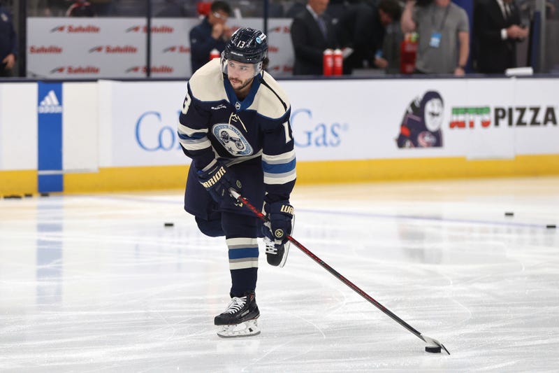 Columbus Blue Jackets forward Johnny Gaudreau warms up before an NHL hockey game against the Pittsburgh Penguins in Columbus, Ohio, Saturday, March 30, 2024