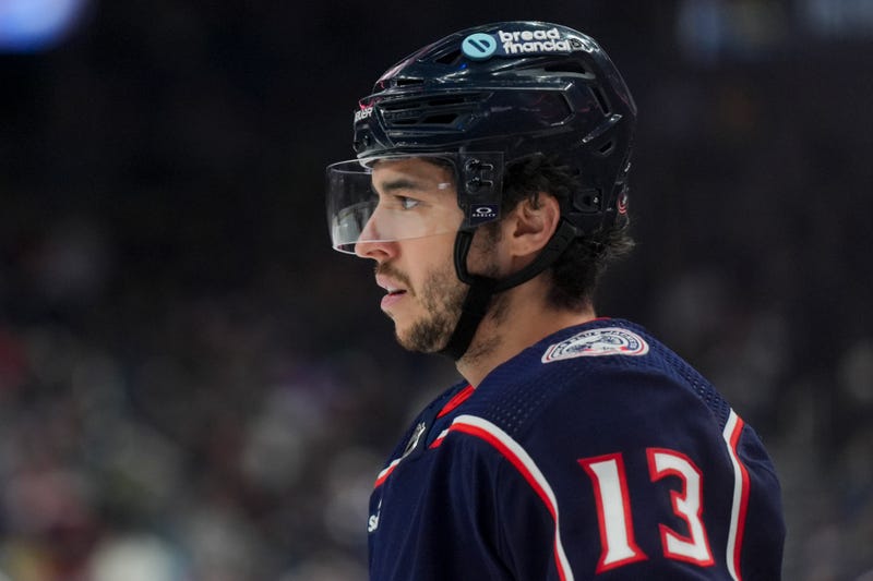 Columbus Blue Jackets' Johnny Gaudreau (13) awaits the face-off during an NHL hockey game against the Nashville Predators, Saturday, March 9, 2024, in Columbus, Ohio
