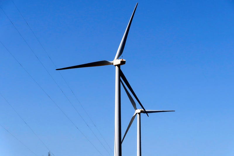 Land-based wind turbines spin in Atlantic City, N.J.