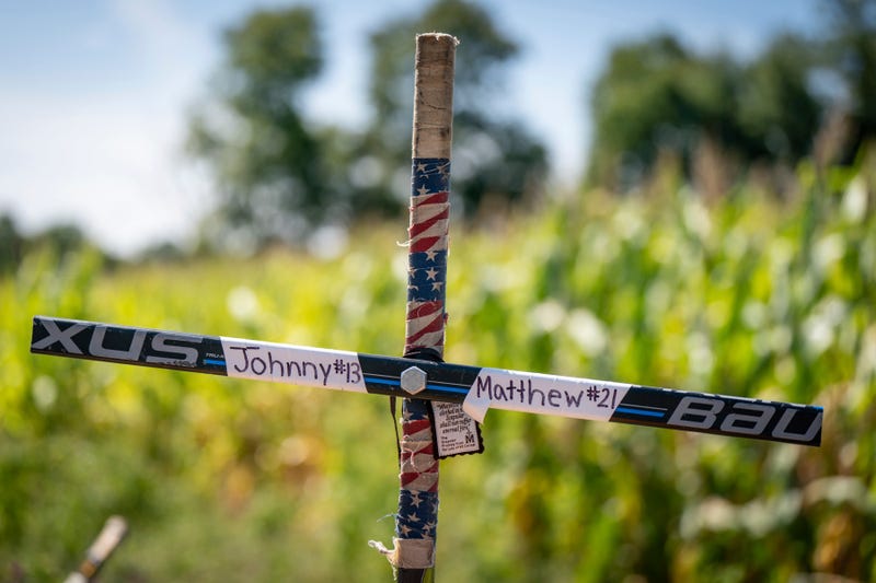 A memorial for Johnny and Matthew Gaudreau, who died last week when they were struck by a suspected drunken driver while riding bicycles, is shown in Salem County, New Jersey, on Sept. 4, 2024.