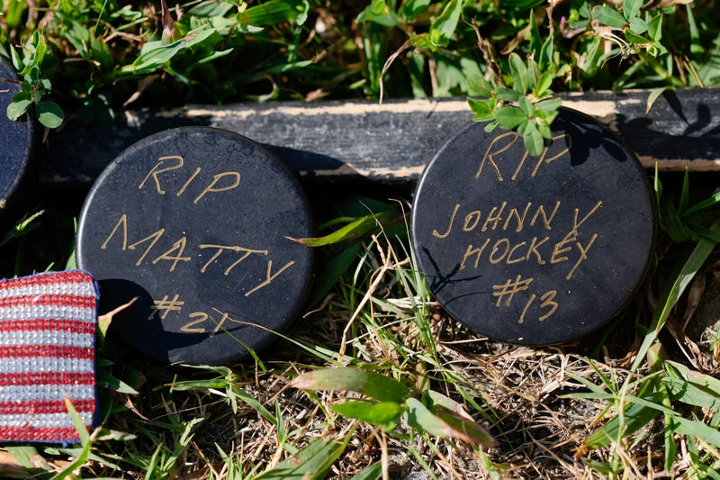 Shown is a makeshift memorial for NHL hockey player Johnny Gaudreau and his brother Matthew who were killed by a suspected drunken driver as they bicycled on a rural road, Sept. 5, 2024, in Oldmans Township , N.J.