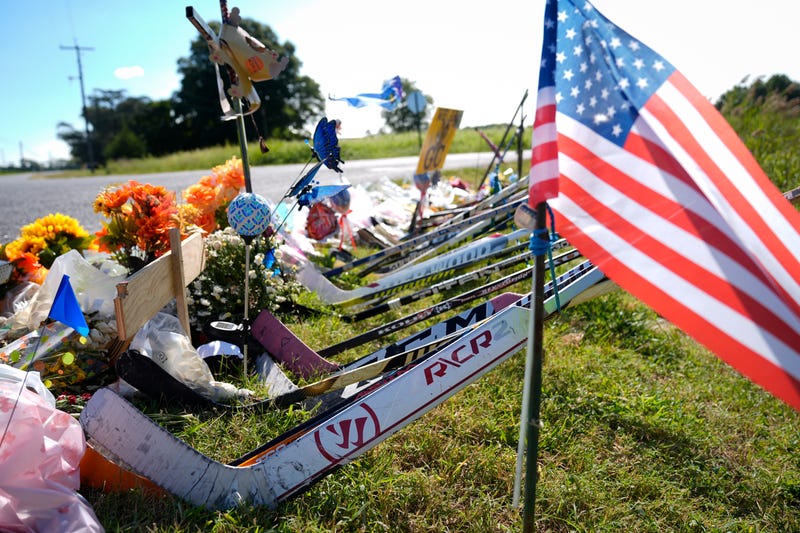 Shown is a makeshift memorial for NHL hockey player Johnny Gaudreau and his brother Matthew who were killed by a suspected drunken driver as they bicycled on a rural road, Sept. 5, 2024, in Oldmans Township , N.J.