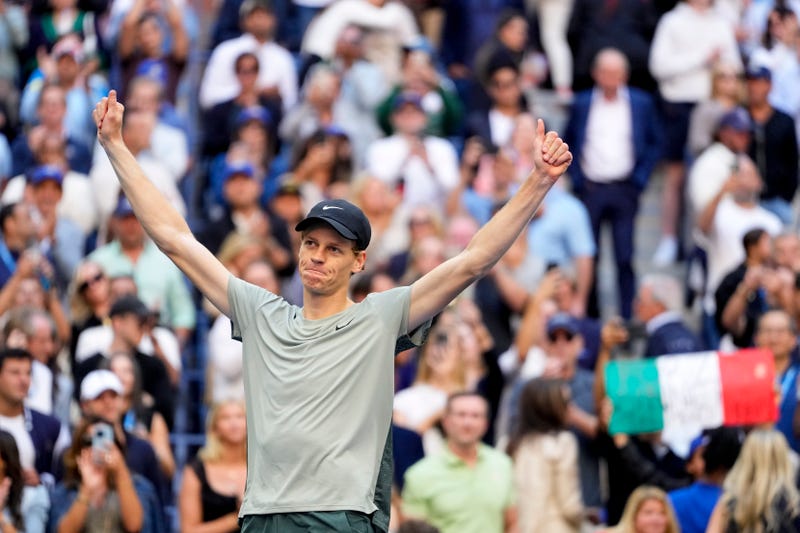 Jannik Sinner, of Italy, reacts after defeating Taylor Fritz, of the United States, to win the men's singles final of the U.S. Open tennis championships, Sunday, Sept. 8, 2024, in New York.