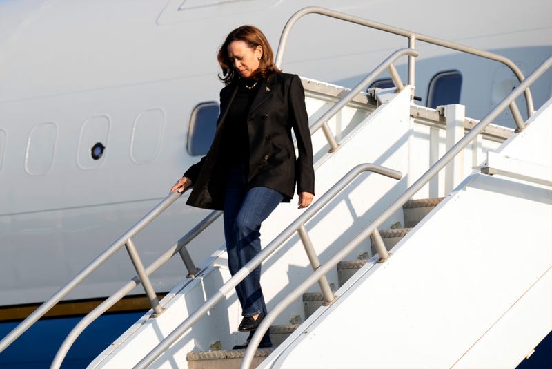 Democratic presidential nominee Vice President Kamala Harris arrives on Air Force Two at Atlantic Aviation Philadelphia, Monday, Sept. 9, 2024, near Philadelphia International Airport, ahead of the presidential debate with Republican presidential nominee former President Donald Trump.